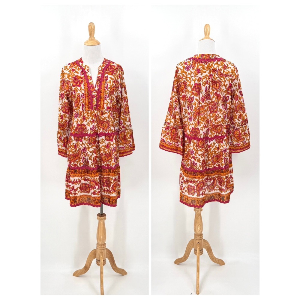 LOLA AUSTRALIA Dress Womens Small Orange Floral Boho Tiered Cotton 3/4 Sleeve